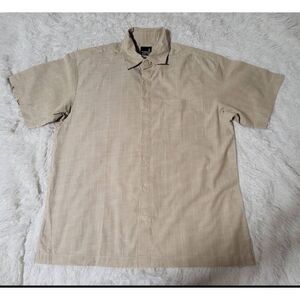 Men's  short sleeve linen checkered tan button down shirt L